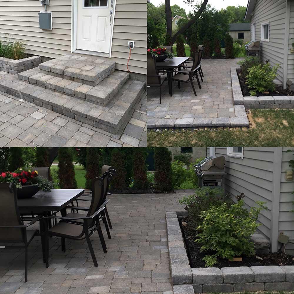 a collage of images showing an outdoor concrete interlock patio, stair set, and planter boxes
